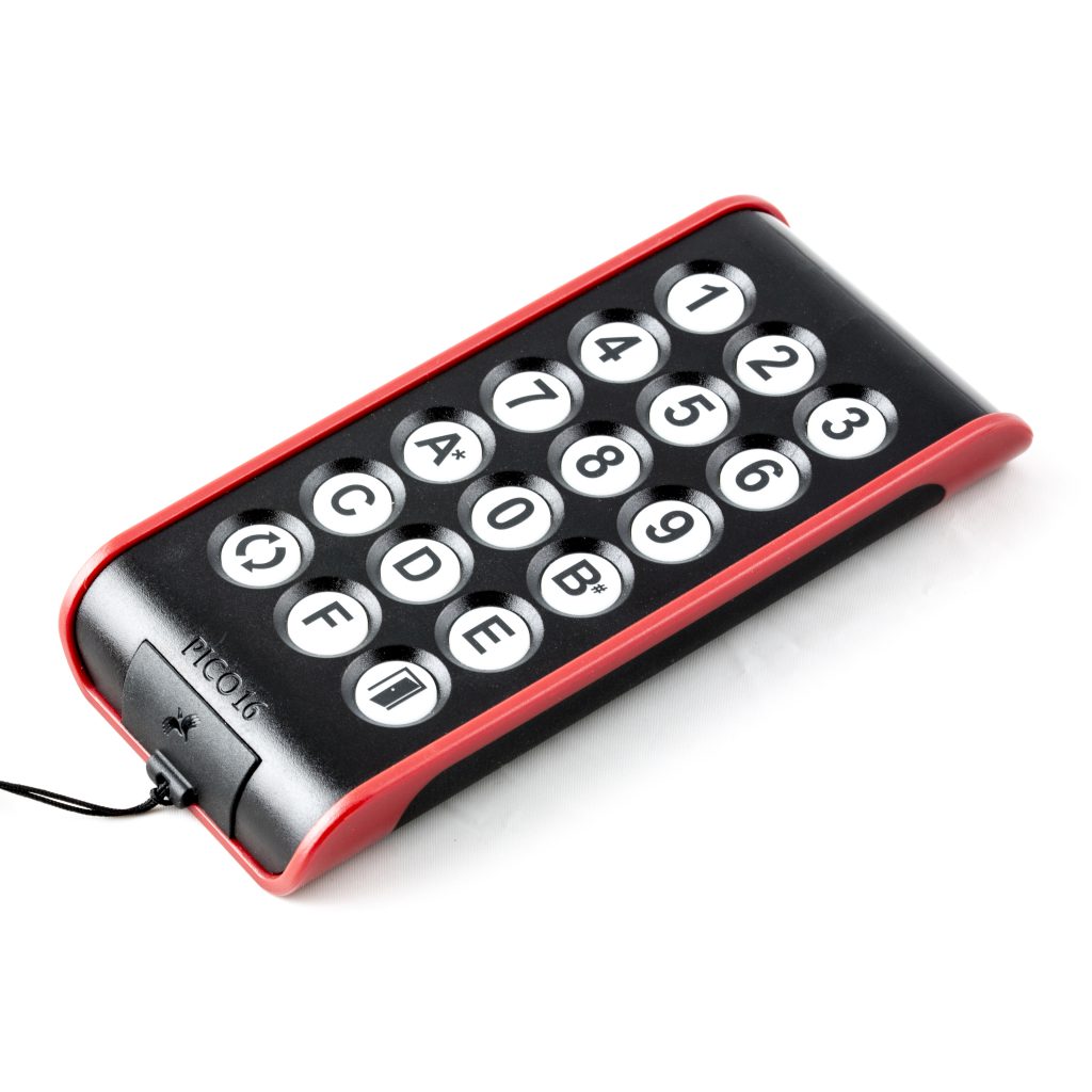 Item no. Picomed: 600116


16 key transmitter with scanning - Picomed






Pico16 with 18 keys. 16 keys with 2 levels, 1 levelindependent key for door and 1 key for page-select. Scanning.

IR-transmitter with scanning, built in IR-signals and able to learn other IR-signals.
1 switch scanning, 3,5 mm jack.

Ergonomically designed, soft keys with clearly visible icons and built in fingerguide.
To be programmed via a web-page on a smartphone from Android of Apple, or on a Windows computer. It shall be connected to the smartphone/computer with a USB cable.
Size: W71-L150-H21 [mm], weight: 140 gram.
Powersupply: rechargeable battery, ordinary USB charger and cable included.

App for Android to be found on Google Play: search for 